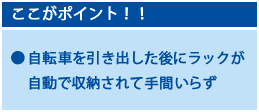 ここがポイント！場所をとらない垂直昇降タイプ、定加重ばねにより自転車の上昇下降をアシスト、収納時以外は折りたたんですっきりスペース確保、上昇下降ストッパーにより安全性向上